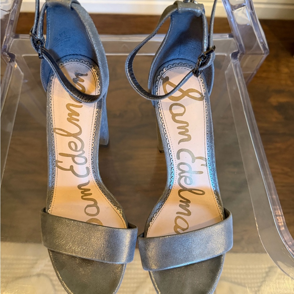 Sam Edelman Metallic Gray Ankle-Strap Heeled Sandals